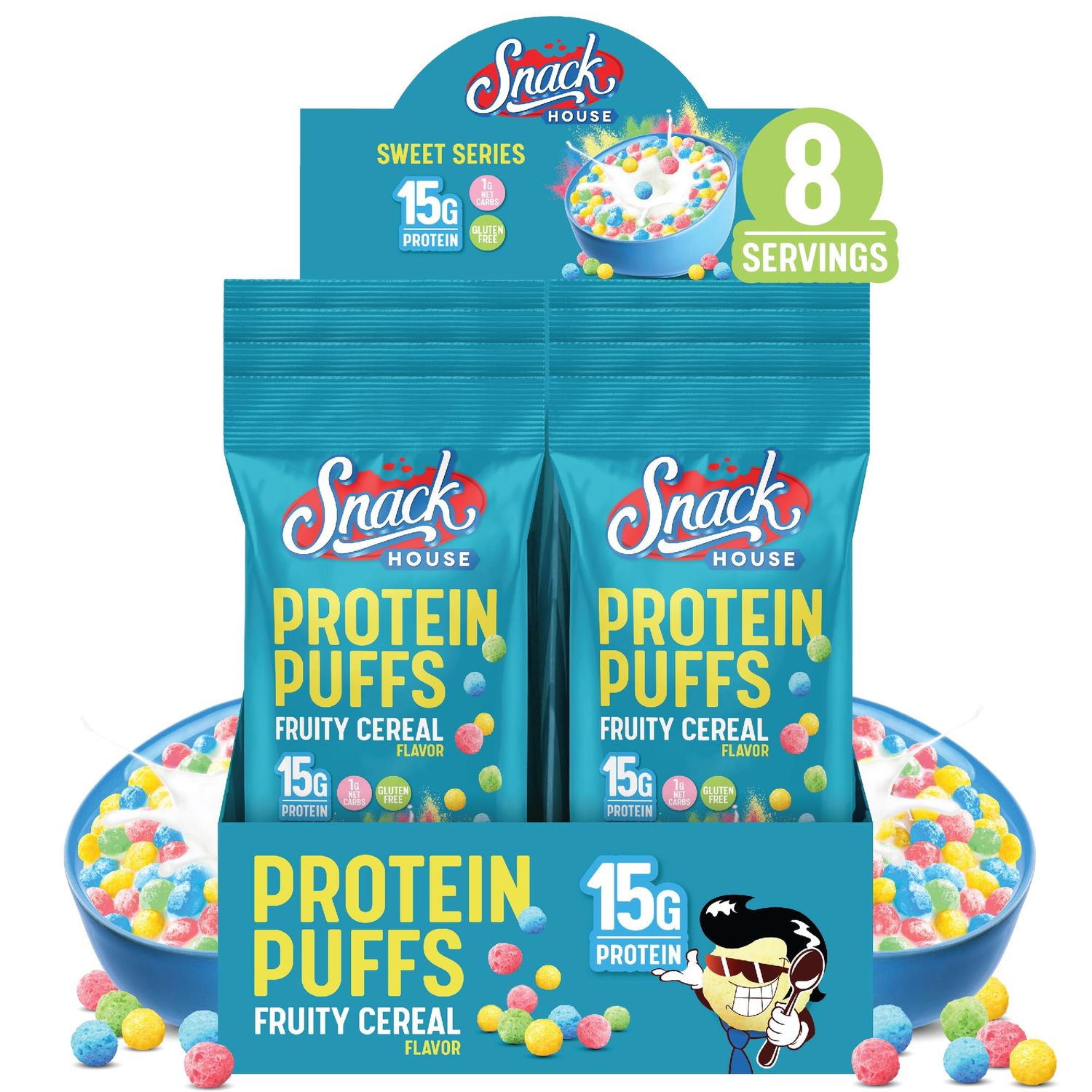 Keto Cereal by Snacks House, High Protein Low Carb Healthy Breakfast Food - Gluten &amp; Grain Free Crunch - Paleo, Diabetic, Ketogenic Diet Friendly Cereals - 8 Pack (Fruity Puffs)