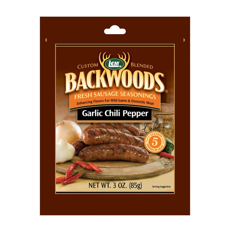 LEM Products Backwoods Garlic Chili Pepper Fresh Sausage Seasoning, Ideal for Wild Game and Domestic Meat, Seasons Up to 5 Pounds of Meat, 3 Ounce Packet