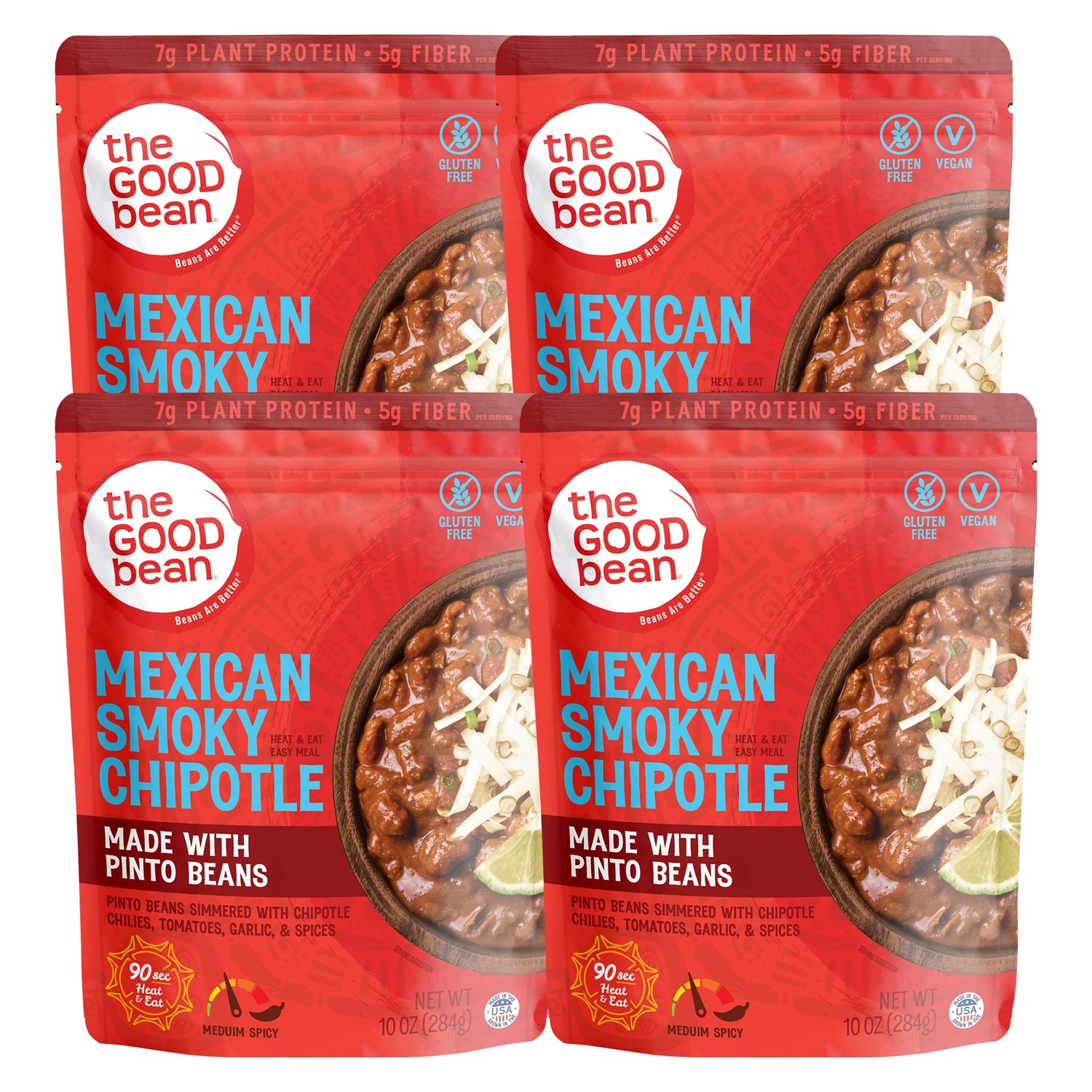 The Good Bean Heat and Eat Pouch - Mexican Smoky Chipotle - (4 Pack) 10 oz Pouch - Simmered Pinto Beans with Chipotle Chilies - Pre-Cooked Beans with Good Source of Plant Protein and Fiber