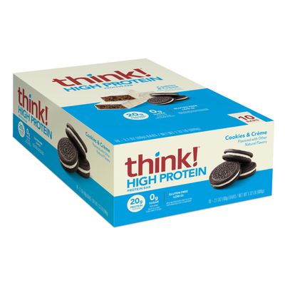 think! Protein Bars, High Protein Snacks, Gluten Free, Kosher Friendly, Cookies and Crme, Nutrition Bars, 2.1 Oz per Bar, 10 Count (Packaging May Vary)