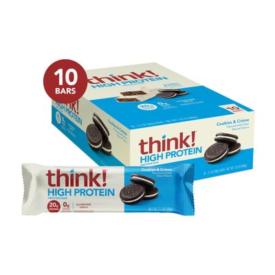 think! Protein Bars, High Protein Snacks, Gluten Free, Kosher Friendly, Cookies and Crme, Nutrition Bars, 2.1 Oz per Bar, 10 Count (Packaging May Vary)