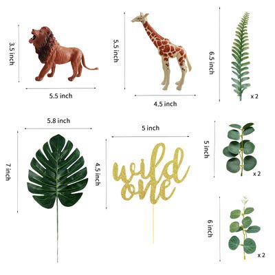 Realistic Safari Jungle Animals Cake Toppers with Plam Leaf Eucalyptus Leaves Cake Decorations for Wild Themed Birthday Baby Shower Party (Wild One)