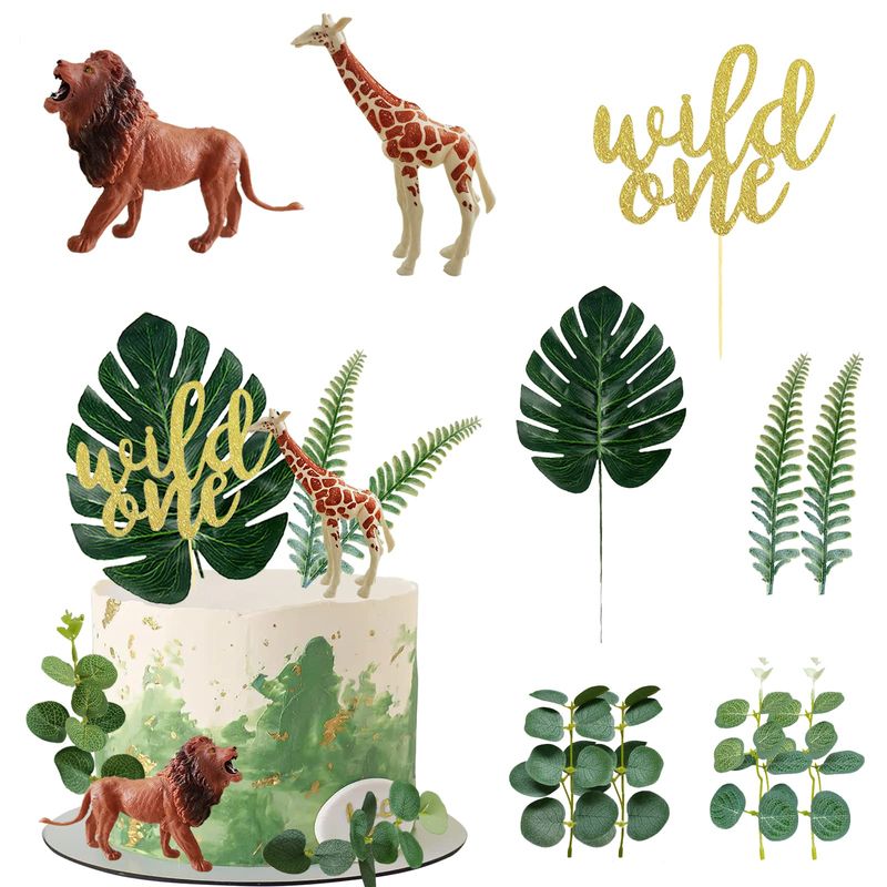 Realistic Safari Jungle Animals Cake Toppers with Plam Leaf Eucalyptus Leaves Cake Decorations for Wild Themed Birthday Baby Shower Party (Wild One)