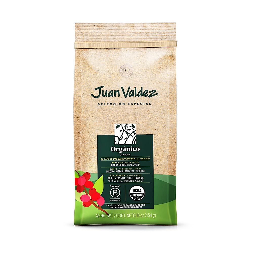 Juan Valdez Organic Whole Bean Coffee, Balanced Roast 16 oz - Premium Colombian Coffee USDA Organic