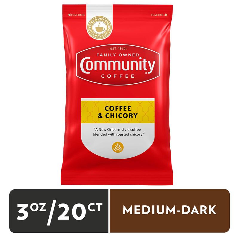 Community Coffee &amp; Chicory, Medium Dark Roast Pre-Measured Coffee Packs, 3.0 Ounce Bag (Box of 20)
