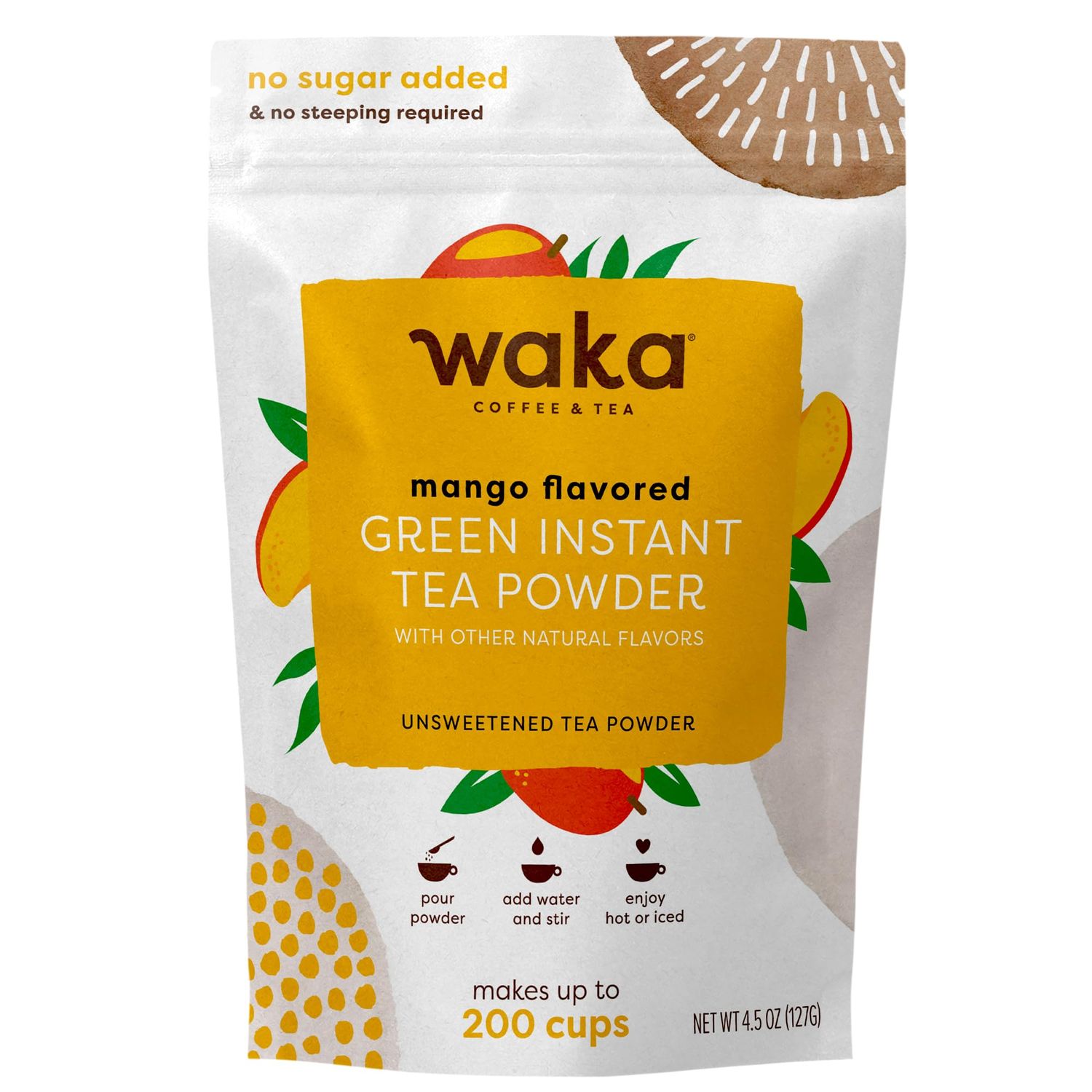 Waka Instant Green Tea Mix, Mango Flavored - 100% Tea Leaves, No Additives, Unsweetened Tea Powder in Bulk Pouch - Easy Quick Hot and Iced Teas, Up to 200 Cups (4.5oz)