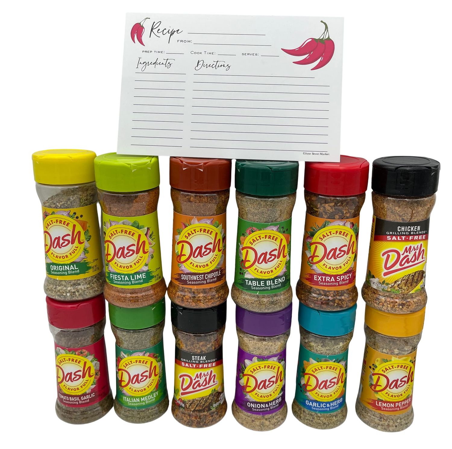 Mrs. Dash Salt Free Seasoning Blends Variety Bundle Pack - 12 Flavor Variety With June Street Market Blank Recipe Card