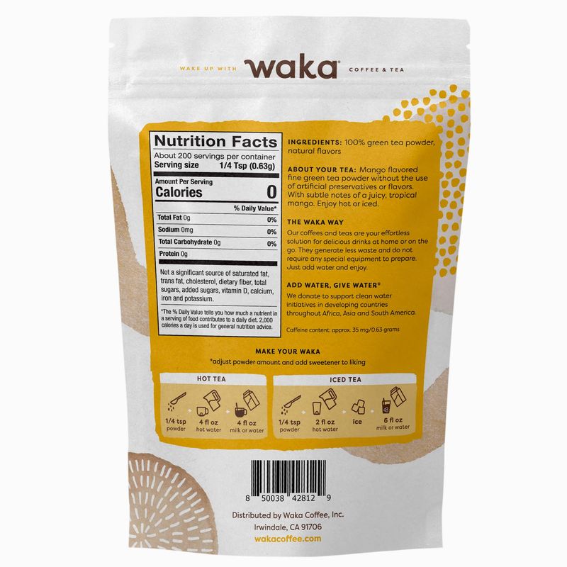 Waka Instant Green Tea Mix, Mango Flavored - 100% Tea Leaves, No Additives, Unsweetened Tea Powder in Bulk Pouch - Easy Quick Hot and Iced Teas, Up to 200 Cups (4.5oz)