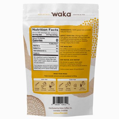 Waka Instant Green Tea Mix, Mango Flavored - 100% Tea Leaves, No Additives, Unsweetened Tea Powder in Bulk Pouch - Easy Quick Hot and Iced Teas, Up to 200 Cups (4.5oz)