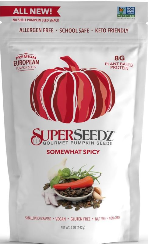 SuperSeedz Dry Roasted Pumpkin Seeds - Somewhat Spicy Pepitas, Whole 30, Paleo, Vegan &amp; Keto Snacks, 8g Plant Based Protein, Produced In USA, Dairy Free, Nut Free, Gluten Free Snack (5oz)