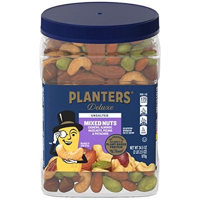 PLANTERS Unsalted Mixed Nuts, Cashews, Almonds, Hazelnuts, Pecans, Pistachios no Shell, Party Snacks, Plant-Based Protein, Quick Snack for Adults, After School Snack, Kosher, 34.5 Oz Container