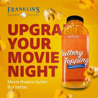 Franklin's Gourmet Popcorn Buttery Popcorn Topping - Kosher, Gluten Free, Vegan &amp; Zero Trans Fat Popcorn Butter Topping - Popcorn Flavoring for Authentic Movie Theater Taste - 15 oz.