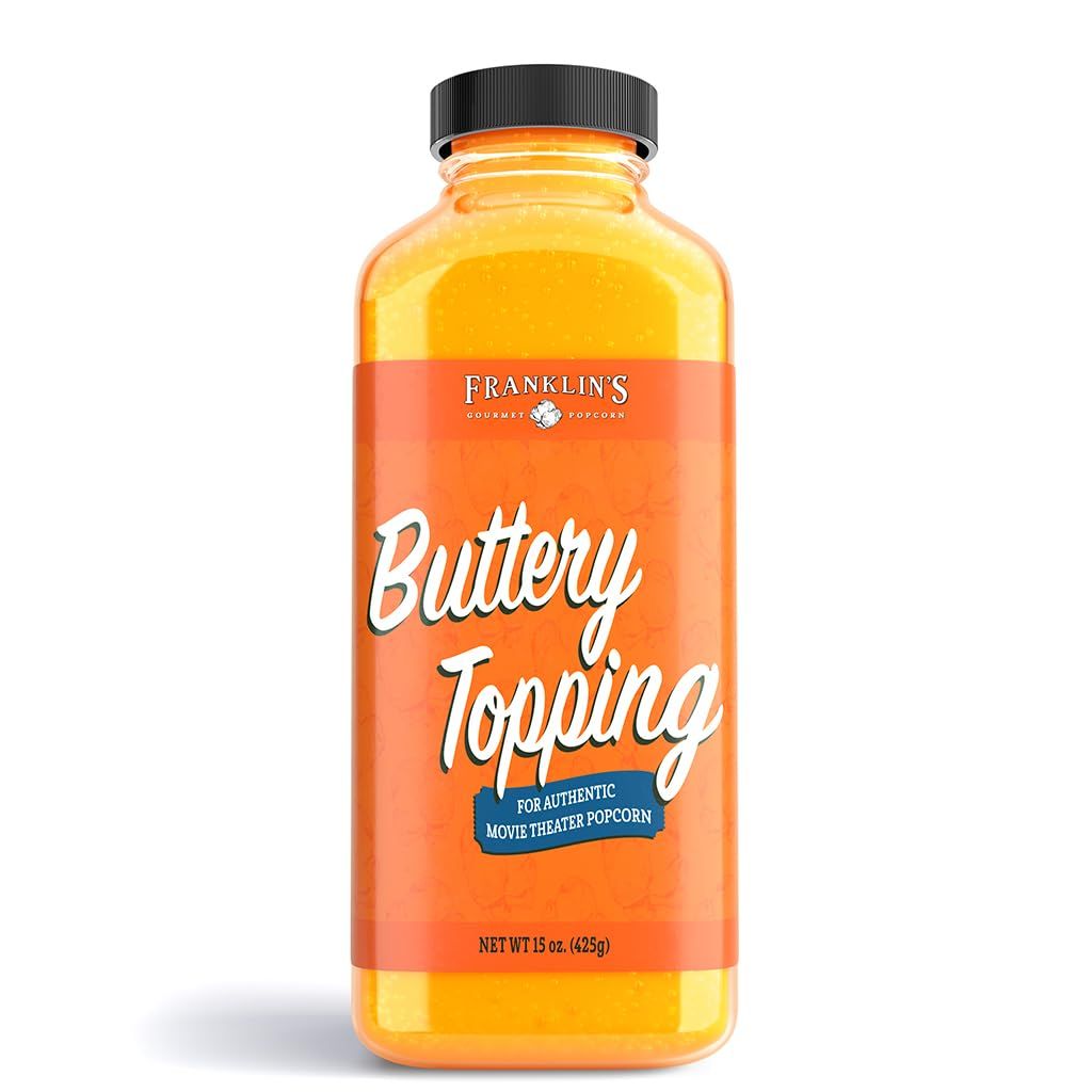Franklin&#39;s Gourmet Popcorn Buttery Popcorn Topping - Kosher, Gluten Free, Vegan &amp; Zero Trans Fat Popcorn Butter Topping - Popcorn Flavoring for Authentic Movie Theater Taste - 15 oz.