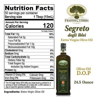 Frantoi Cutrera - Segreto Degli Iblei - Extra Virgin Olive Oil - Sicilian D.O.P Certified Italian, Pure 2022/23 Early Harvest First Cold Pressed, High In Polyphenols, 24.5 Fl Oz (Pack of 1)