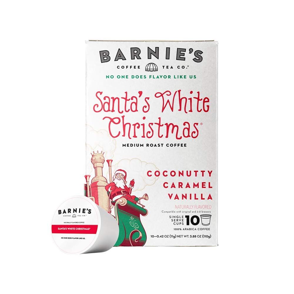 Barnie&#39;s Single Serve Santa&#39;s White Christmas Coffee Pods with Coconut, Caramel and Warm Vanilla Flavors, Medium Roast Coffee Compatible with Keurig Brewers, 10 Count