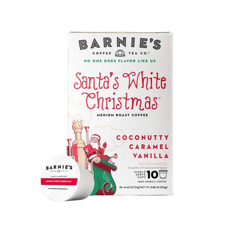 Barnie&#39;s Single Serve Santa&#39;s White Christmas Coffee Pods with Coconut, Caramel and Warm Vanilla Flavors, Medium Roast Coffee Compatible with Keurig Brewers, 10 Count