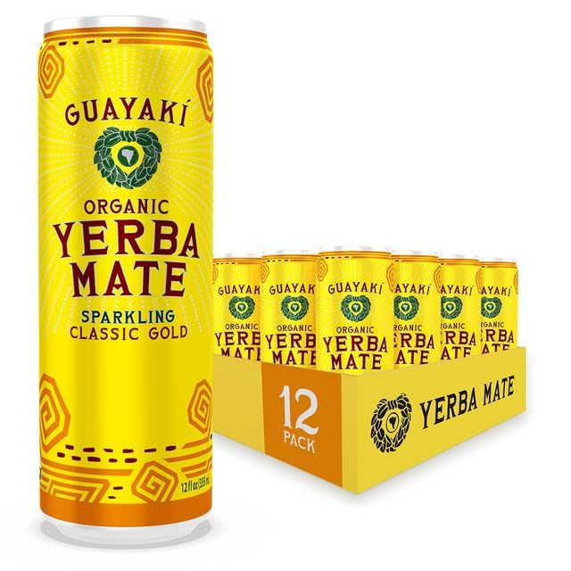 Guayak Yerba Mate, Sparkling Energy Drink Alternative, Organic Classic Gold Flavor, 12 Oz (Pack of 12), 80mg Natural Caffeine, Smooth Energy &amp; Focus