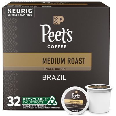 Peet&#39;s Coffee, Medium Roast Keurig K-Cup Pods - Single Origin Brazil 32 Count (1 Box of 32 K-Cup Pods)