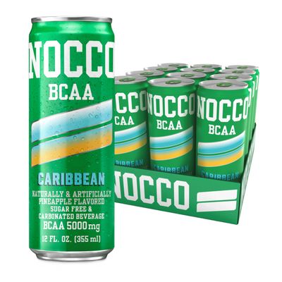 NOCCO BCAA Drink Caribbean Pineapple Caffeine Free - 12 Fl Oz (Pack of 12) - 0mg of Caffeine, 5000mg of BCAAs - Sugar Free &amp; Carbonated Drink - Vitamin B6, B12, &amp; Biotin - Grab &amp; Go Performance Drink