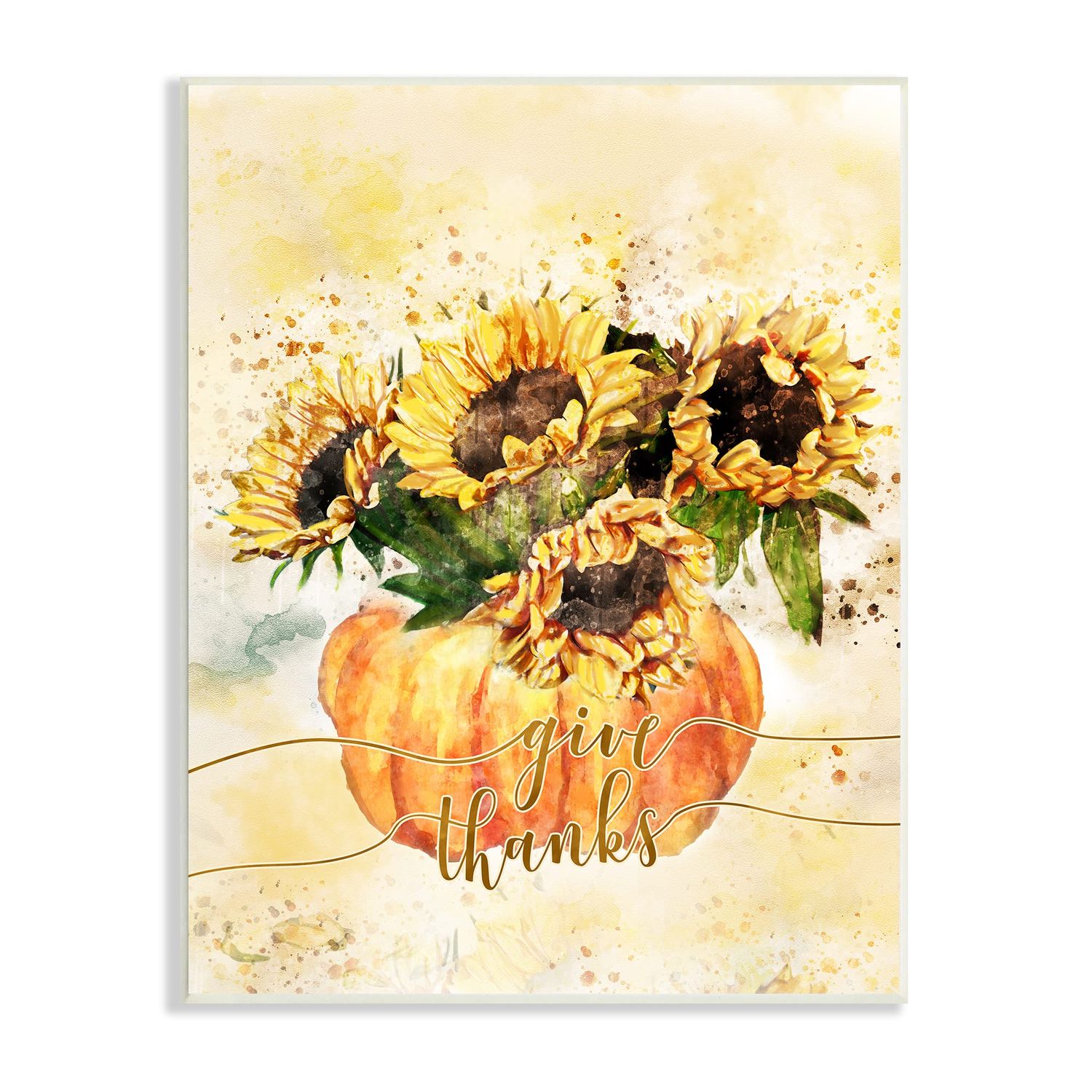 Stupell Industries Give Thanks Phrase Orange Pumpkin Sunflower Floral Burst Wall Plaque, 10 x 15, Yellow