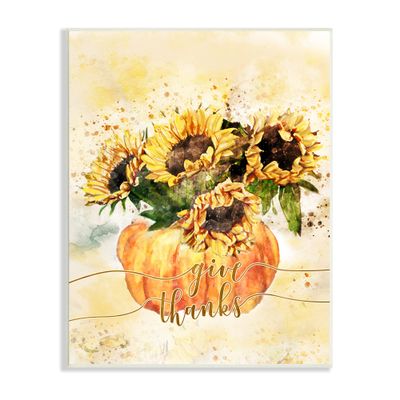 Stupell Industries Give Thanks Phrase Orange Pumpkin Sunflower Floral Burst Wall Plaque, 10 x 15, Yellow