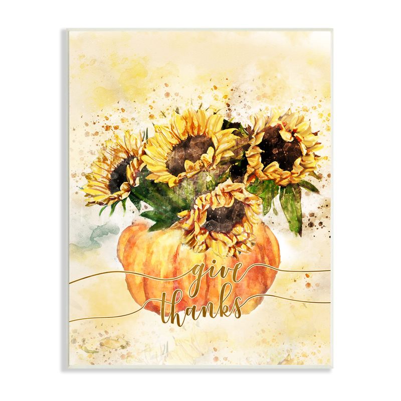 Stupell Industries Give Thanks Phrase Orange Pumpkin Sunflower Floral Burst Wall Plaque, 10 x 15, Yellow