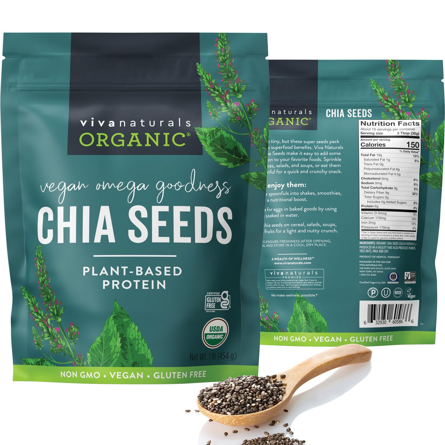 Viva Naturals Organic Chia Seeds 1 LBs - Plant-Based Omega-3 and Vegan Protein, Non-GMO Chia Seeds Organic Perfect for Smoothies, Salads and Chia Seed Pudding, Black Chia Seeds Bulk