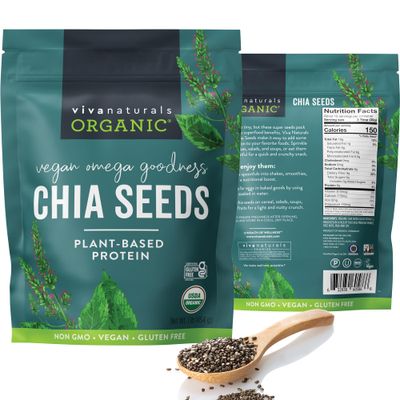 Viva Naturals Organic Chia Seeds 1 LBs - Plant-Based Omega-3 and Vegan Protein, Non-GMO Chia Seeds Organic Perfect for Smoothies, Salads and Chia Seed Pudding, Black Chia Seeds Bulk