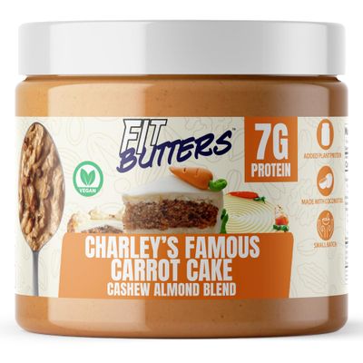 Fit Butters Charley&#39;s Famous Carrot Cake Cashew Almond Butter (Vegan) Spread - Added Protein and Coconut Oil, Low Carb, Low Sugar, Gluten Free, Complete Protein Dessert Flavored Nut Butter