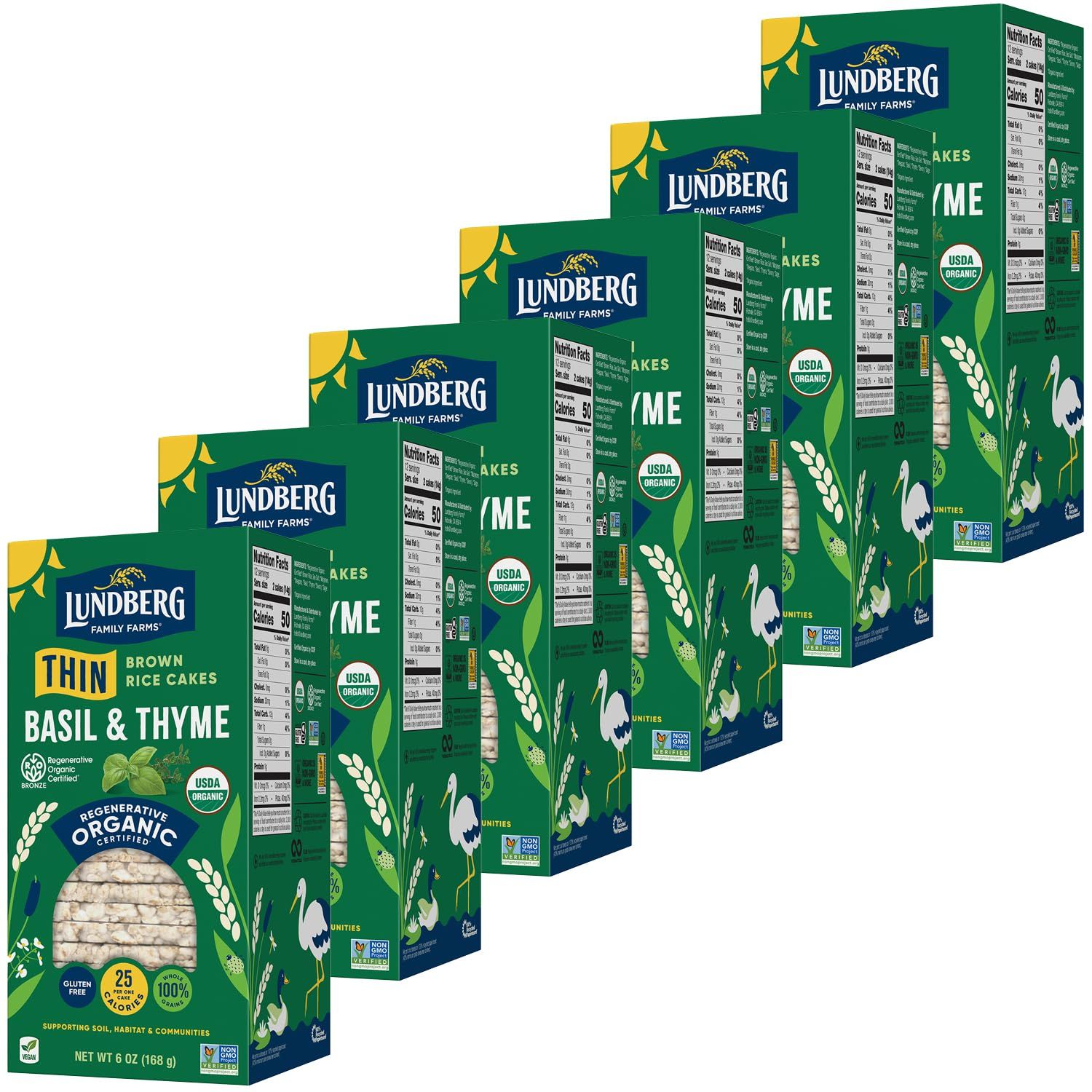 Lundberg Thin Brown Rice Cakes, Basil &amp; Thyme, 6-Pack - Regenerative Organic Certified, Healthy Snacks, Vegan, 6 Oz Ea