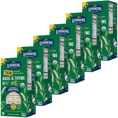 Lundberg Thin Brown Rice Cakes, Basil &amp; Thyme, 6-Pack - Regenerative Organic Certified, Healthy Snacks, Vegan, 6 Oz Ea
