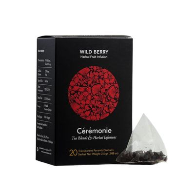 Ceremonie Wild Berry Herbal Fruit Infusion Tea - Full-Bodied, Sweet &amp; Fruity - Caffeine Free with Hibiscus &amp; Wild Berries - Bright Red Hue - 2-3 Minutes Steep Time - 20 Transparent Pyramid Sachet