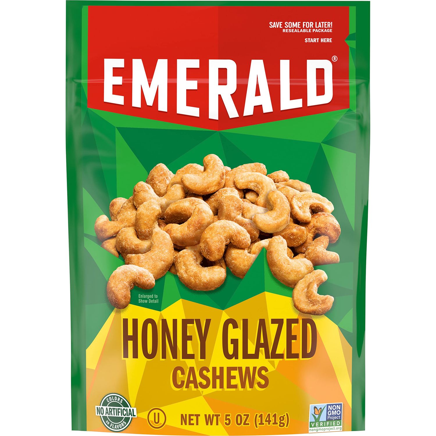 Emerald Nuts Honey Glazed Cashews (1-Pack), 5oz Resealable Bag, Kosher Dairy Certified, Non-GMO, Contains No Artificial Preservatives, Flavors or Synthetic Colors