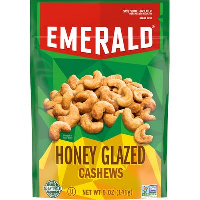 Emerald Nuts Honey Glazed Cashews (1-Pack), 5oz Resealable Bag, Kosher Dairy Certified, Non-GMO, Contains No Artificial Preservatives, Flavors or Synthetic Colors