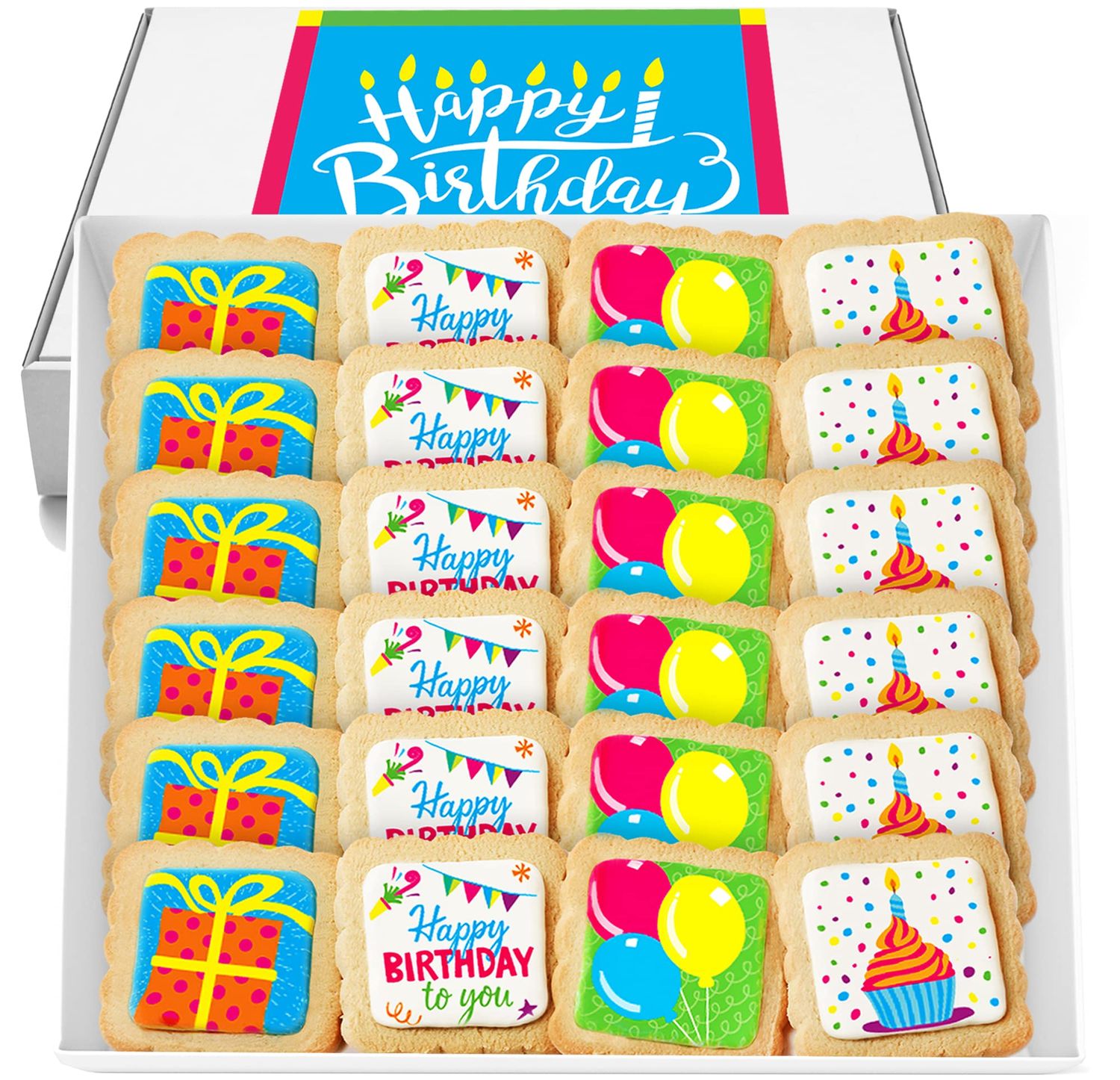 Happy Birthday Cookies 24 PACK INDIVIDUALLY WRAPPED Party Favors Gift Basket for Kids Men Women | Decorated Sugar Cookie Gift Box | Nut Free
