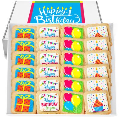 Happy Birthday Cookies 24 PACK INDIVIDUALLY WRAPPED Party Favors Gift Basket for Kids Men Women | Decorated Sugar Cookie Gift Box | Nut Free