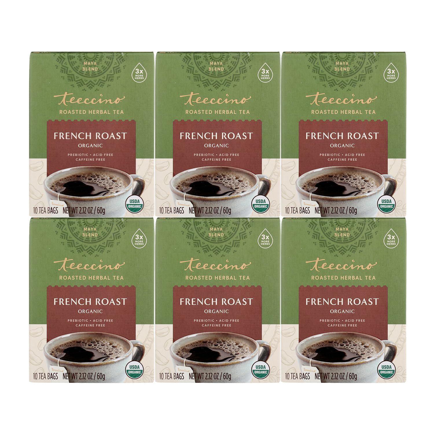 Teeccino French Roast Herbal Tea - Rich &amp; Roasted Herbal Tea Thats Caffeine Free &amp; Prebiotic for Natural Energy, Coffee Alternative, 10 Tea Bags (Pack of 6)