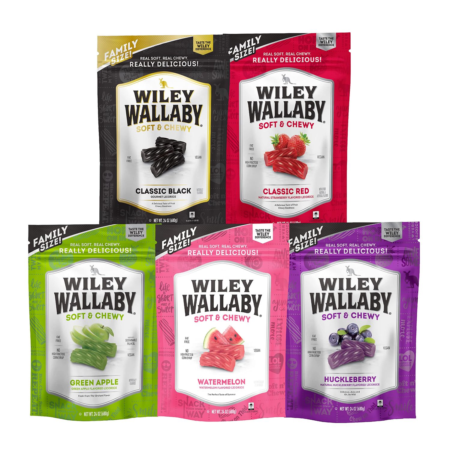Wiley Wallaby Licorice 24 Ounce Classic Gourmet Australian Style Soft &amp; Chewy Licorice Candy Variety Pack Twists, 5 Pack