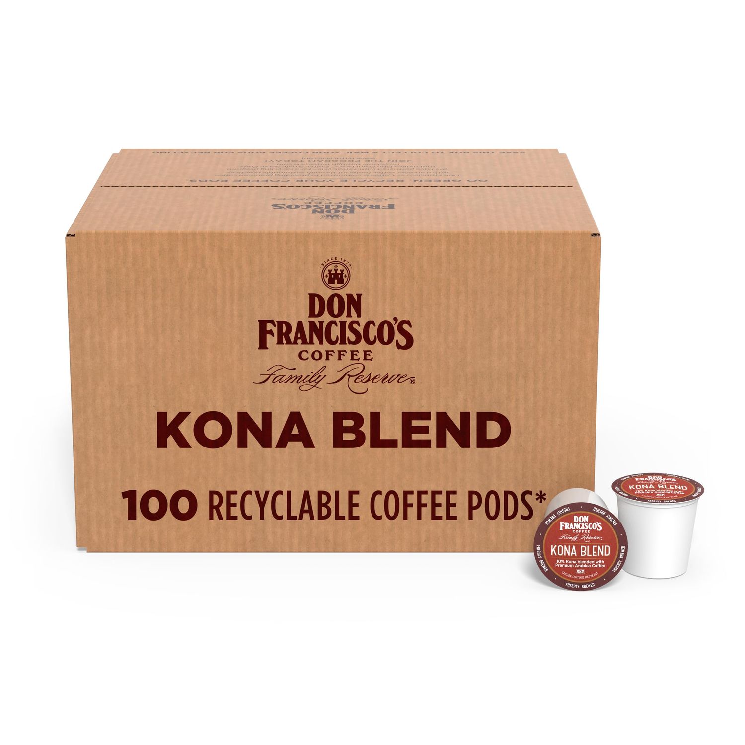 Don Francisco&#39;s Kona Blend Medium Roast Coffee Pods: 100 Count K-Cup Compatible, 10% Hawaiian Kona Coffee, Single Serve for Keurig Brewers, Smooth Tropical Flavor, Recyclable through TerraCycle