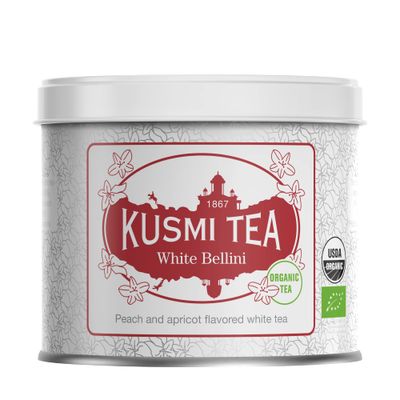 Kusmi Tea - White Bellini - Organic Blend of White Tea, Peach &amp; Apricot - Organic Flavored White Teas - Enjoy Hot or Iced - Loose Leaf Tea - Tin Box of 3.1 oz - Quantity for about 50 cups