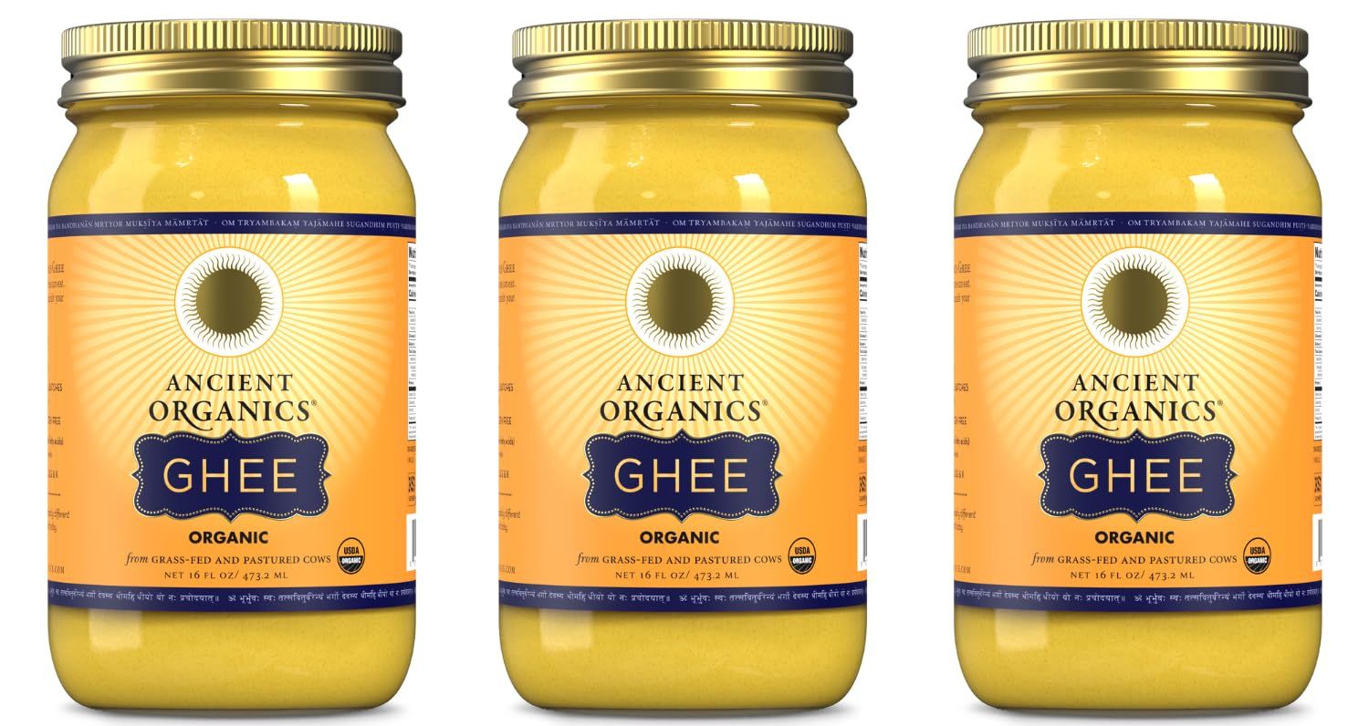 Ancient Organics Ghee, Organic Grass Fed Gluten Free Clarified Ghee Butter with Vitamins &amp; Omegas, Lactose Free, 100% Certified Organic, Kosher, USDA Certified, Made in USA - 16 Fl Oz (Pack of 3)