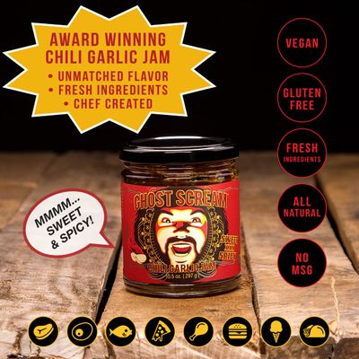 Ghost Scream Hot Sauce - Chili Garlic Jam (Sweet, Spicy &amp; Smoky) - This Award Winning Recipe (from a World Renowned Chef) Combines Fresh Ghost Chili Peppers, Fiery Red Jalapenos &amp; Garlic. (10.5 Oz.)