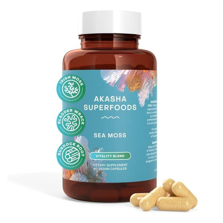 Akasha Superfoods Sea Moss Capsules - 60 Caps, Organic Vitality Blend Including Irish Moss, Bladderwrack Root, Burdock Root &amp; BioPerine, Experience Healthy Skin, Thyroid Support &amp; Immune Support