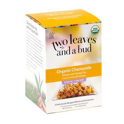 Two Leaves and a Bud Organic Chamomile Herbal Tea Bags, Naturally Caffeine Free, Whole Leaf Chamomile Tea in Compostable Sachets, 15 Count (Pack of 1)