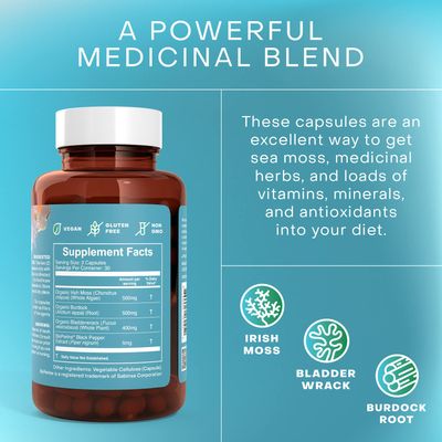 Akasha Superfoods Sea Moss Capsules - 60 Caps, Organic Vitality Blend Including Irish Moss, Bladderwrack Root, Burdock Root &amp; BioPerine, Experience Healthy Skin, Thyroid Support &amp; Immune Support