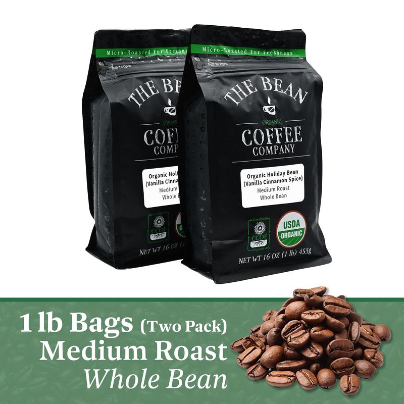 The Bean Organic Coffee Company Holiday Bean (Vanilla Cinnamon Spice), Medium Roast, Whole Bean Coffee, 16-Ounce Bags (Pack of 2)