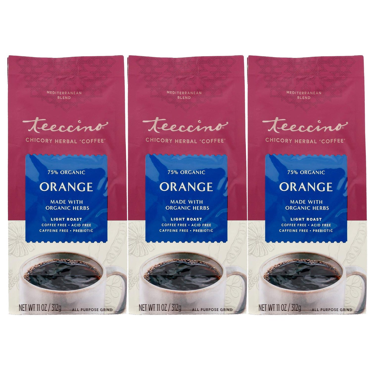 Teeccino Orange Chicory Coffee Alternative - Ground Herbal Coffee Thats Prebiotic, Caffeine Free &amp; Acid Free, Light Roast, 11 Ounce (Pack of 3)
