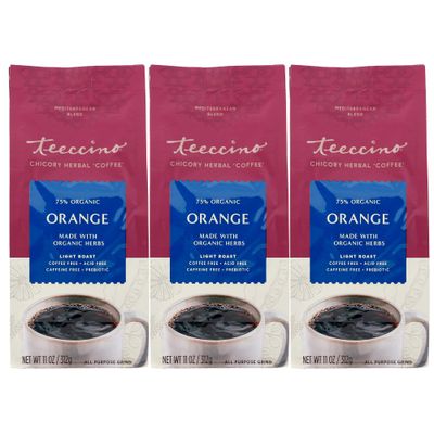 Teeccino Orange Chicory Coffee Alternative - Ground Herbal Coffee Thats Prebiotic, Caffeine Free &amp; Acid Free, Light Roast, 11 Ounce (Pack of 3)