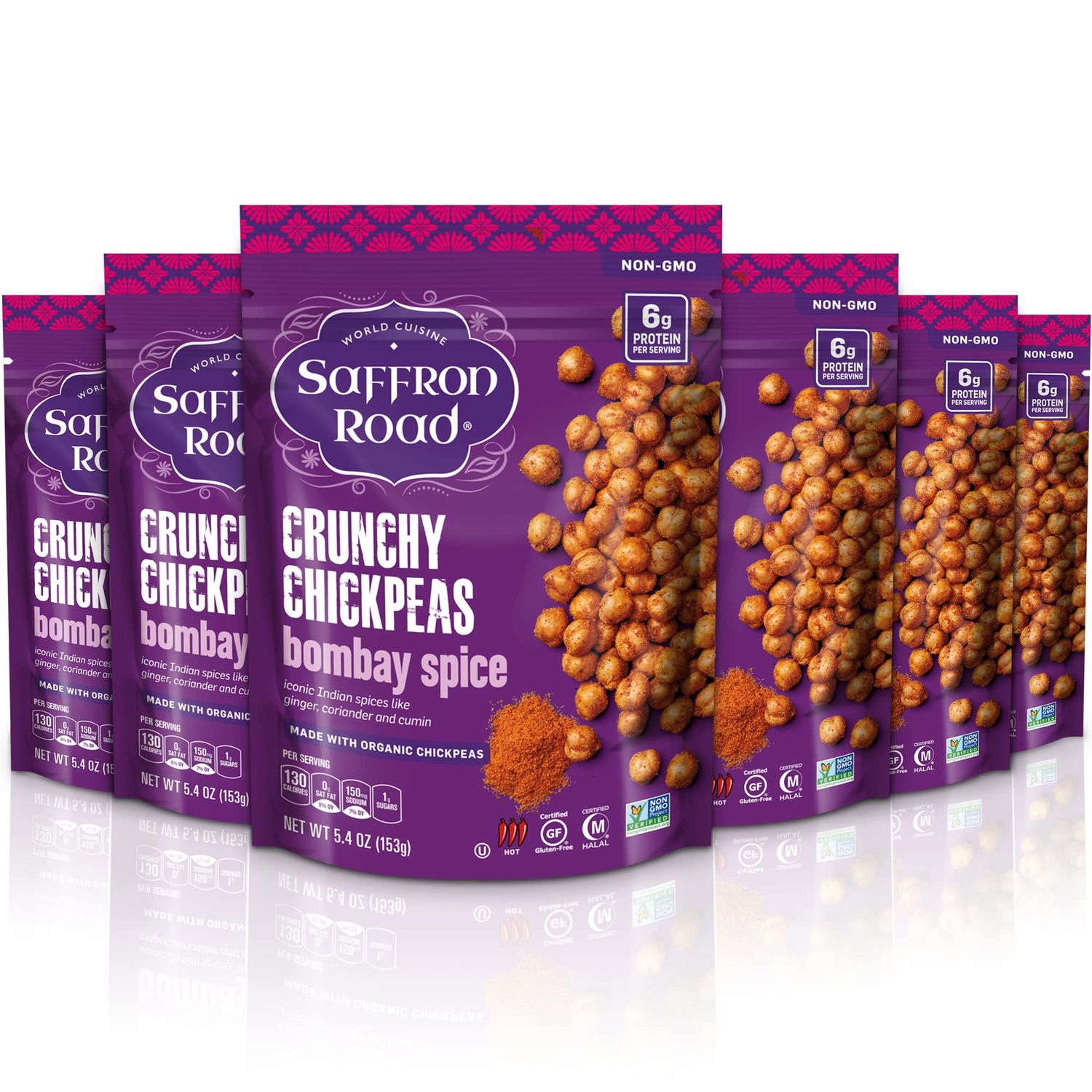 Saffron Road Organic Bombay Spice Crunchy Roasted Chickpea Snacks- 5.4oz 6-pack, Gluten Free, Non-GMO, Vegan Dried Crispy Chickpeas with Protein, Fiber