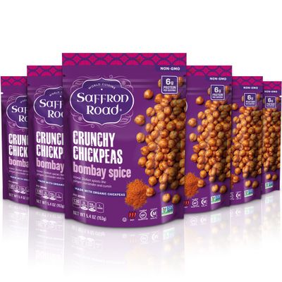 Saffron Road Organic Bombay Spice Crunchy Roasted Chickpea Snacks- 5.4oz 6-pack, Gluten Free, Non-GMO, Vegan Dried Crispy Chickpeas with Protein, Fiber